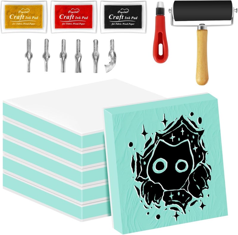 Oopsu 6pcs 2"x2" Rubber Carving Blocks, Linoleum Block Stamp Making Kit for Beginners - DIY Stamp Making, Printmaking Crafts (White & Green) - Image 1